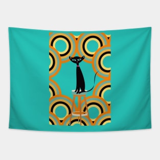 Black Cat Surrounded by Retro Shapes Tapestry