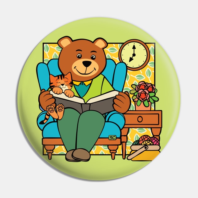 Paw Bear Reading to Cat Pin by Sue Cervenka