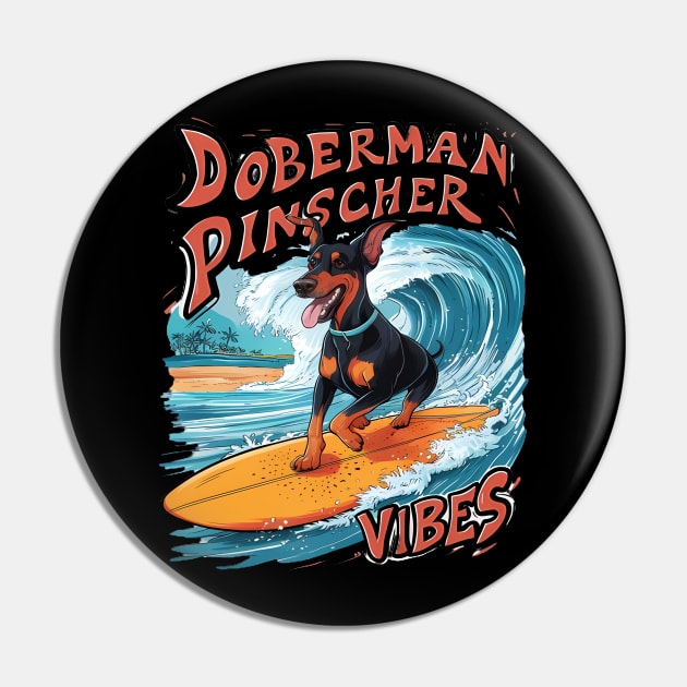 Surfing Doberman Pinscher Riding Tropical Wave Pin by coollooks