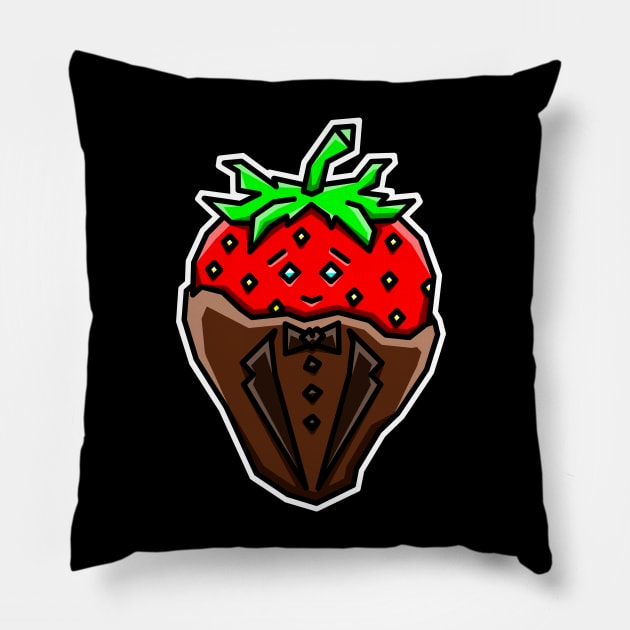 Cute and Happy Chocolate Dipped Strawberry in a Chocolate Tuxedo Gift - Chocolate Strawberry Pillow by Bleeding Red Paint