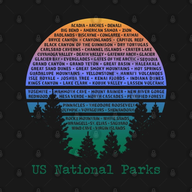 National Parks List Word Cloud Sunset Trees Men Women Kids by Pine Hill Goods