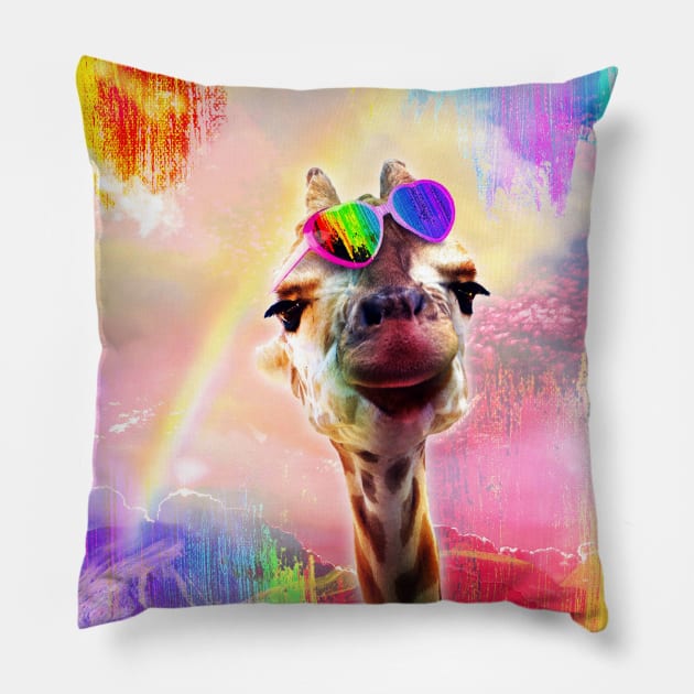 Rainbow Giraffe Wearing Love Heart Glasses Pillow by Random Galaxy