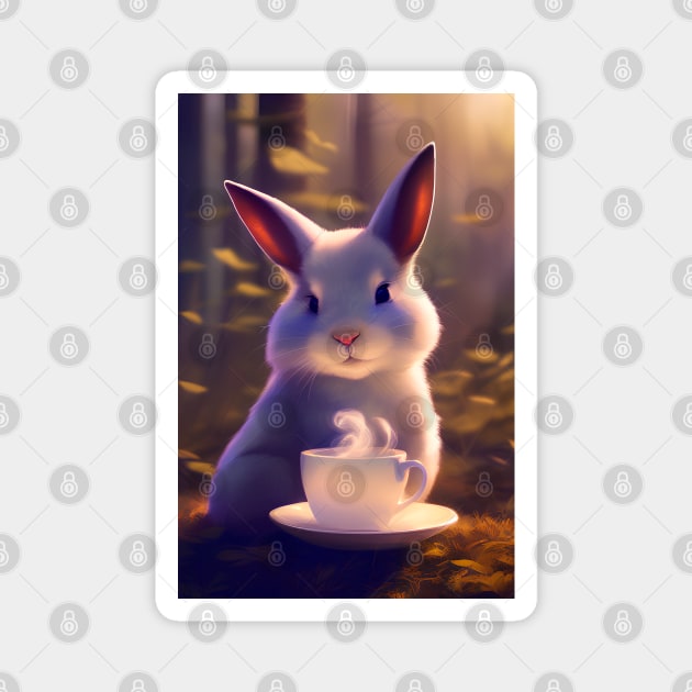 Cute White Rabbit with a mug cup of morning coffee Magnet by akwl.design