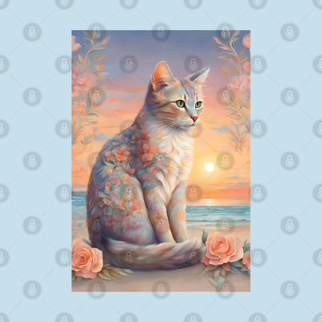 Floral Pastel Cat With Beach Sunset by Art-Jiyuu