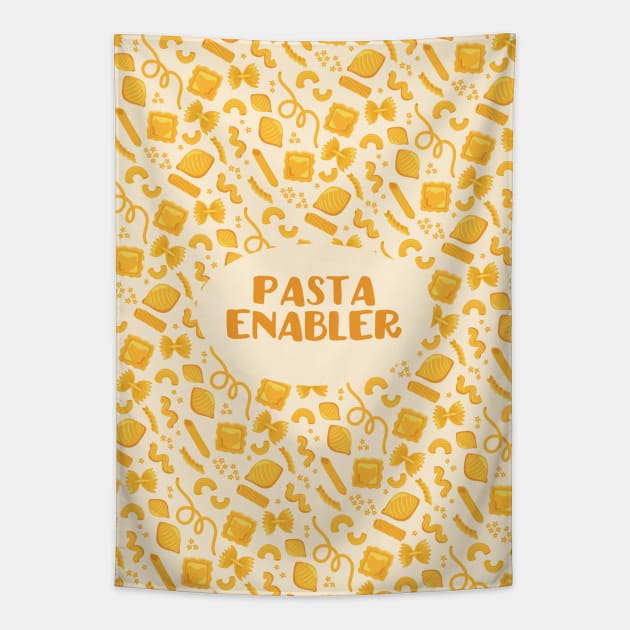 "Pasta Enabler" slogan + pattern of assorted pasta shapes on pale yellow Tapestry by AtlasMirabilis