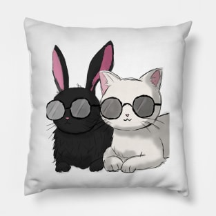 Cool Duo: White Cat and Black Rabbit in Harmony Pillow