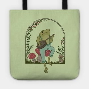 Cottagecore Aesthetic, Cute Frog Playing Banjo on Mushroom, Goblincore Mushroom Lover Tote
