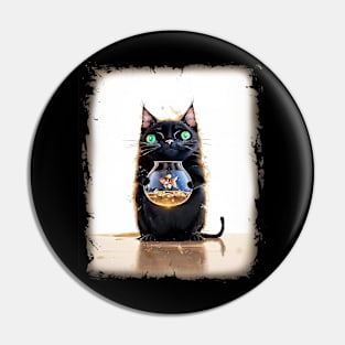 Black Cat Holding a Goldfish in a Fish Bowl Pin