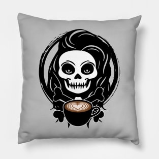 Barista Skull and Coffee Cup Black Logo Pillow