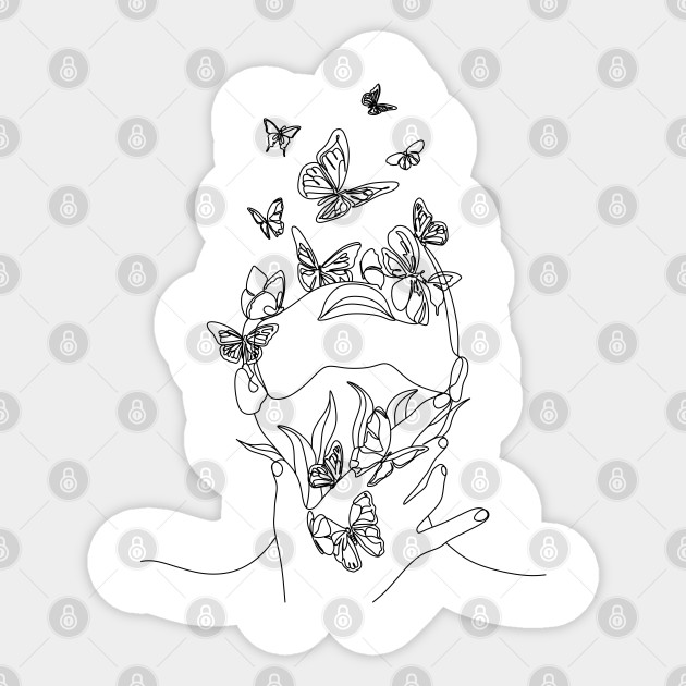 Abstract Line Drawing Woman Face With Butterflys Woman