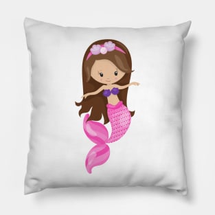 Little Mermaid, Cute Mermaid, Brown Hair, Shells Pillow