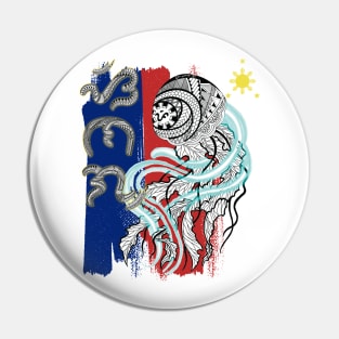 Philippine Flag-Tribal line Art Jellyfish / Baybayin word Sinag (Flash of light) Pin