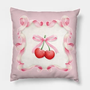 Coquette Aesthetic Girly Pink Ribbon Bow Cherry Pillow