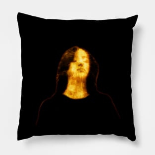 Beautiful girl, with closed eyes. Dark but beautiful. Black and yellow. Glowing. Pillow
