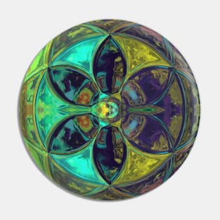 Mosaic Kaleidoscope Flower Blue Yellow and Green Pin