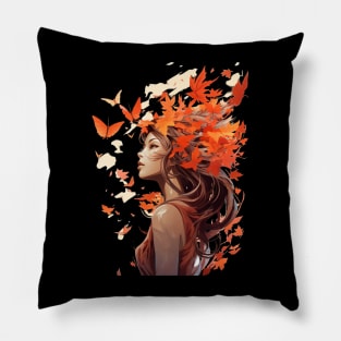 Girl With Butterflies And Leaves  in Her Hair Fall Girl Pillow