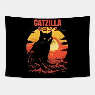 Catzilla Japanese Kanji Retro Mountain Sunset Cat Lover Tapestry