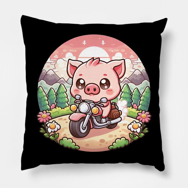 Happy Hog Riding Motorcycle Pillow by The Art-Mart