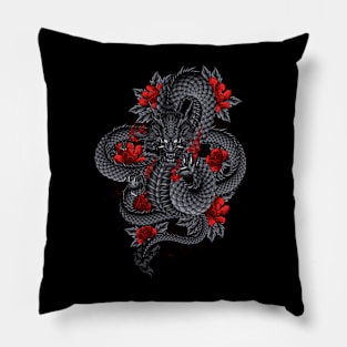 black dragon with red flower Pillow