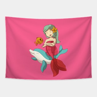 Beauty Mermain playing with Fish, Vintage Retro Style Tapestry