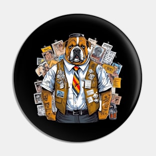 Accountant English Bulldog t-shirt design, a bulldog wearing a name tag and holding a clipboard Pin