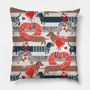 Dachshunds long love // beige background neon red hearts scarves sweaters and other Valentine's Day details brown nile blue and dark grey spotted funny doxies dog puppies Pillow