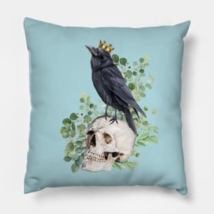 Black raven with skull and crow, skeleton eucaliptus leaves Pillow