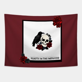 Beauty in the darkness | Skull with Roses and a Raven Tapestry