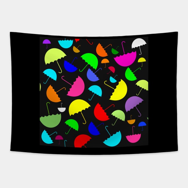 Bright happy colored umbrellas on a black background Tapestry by pickledpossums