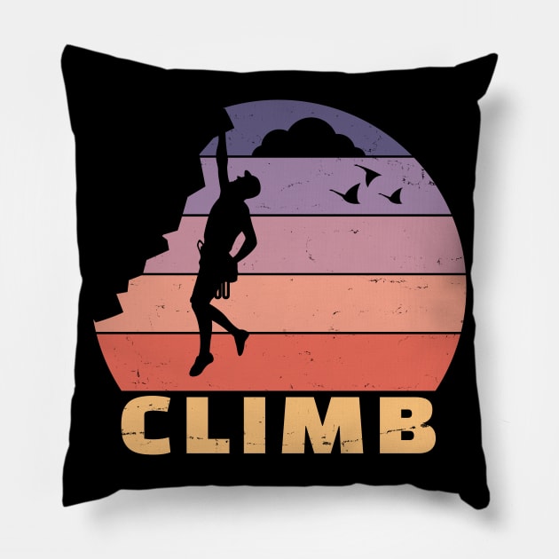 Retro Sunset Climber | Rock Climbing & Bouldering Pillow by shirtonaut