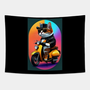 Funny cute cat drive motorcyrcle graphic design artwork Tapestry