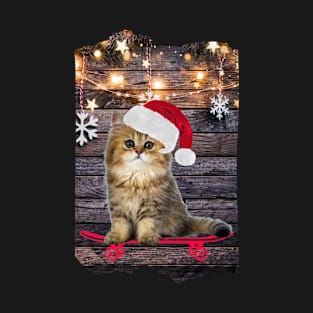 Merry Christmas Kitty Cat on Skateboard T-Shirt