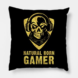 ✪ Natural Born GAMER ✪ Skull with Headphones Abstract Tattoo Style Pillow