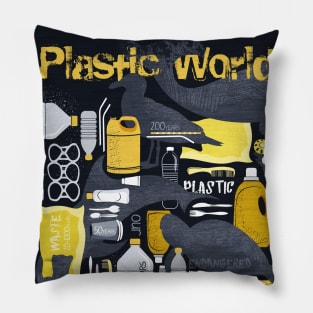 Our plastic planet // print // black background grey endangered animal species with yellow white and transparent plastic waste Pillow