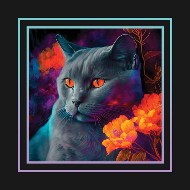 Fluffy Chartreux Cat Vibrant Tropical Flower Digital Oil Painting Portrait by ArtHouseFlunky