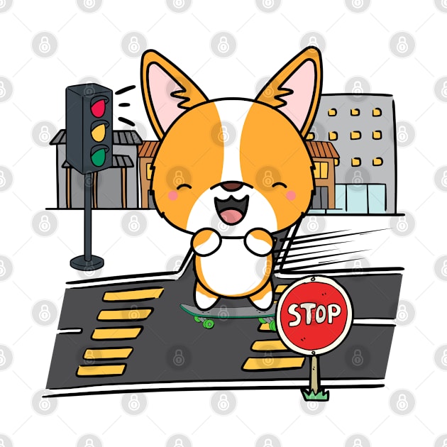 Funny corgi is on a skateboard by Pet Station