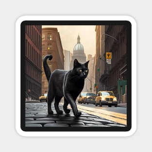 Black Cat walking down a street in the city Sticker Magnet