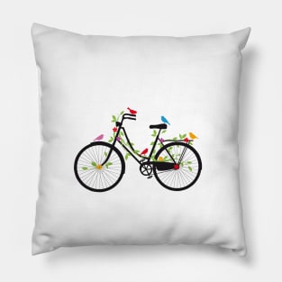 Old vintage bicycle with flowers and birds Pillow