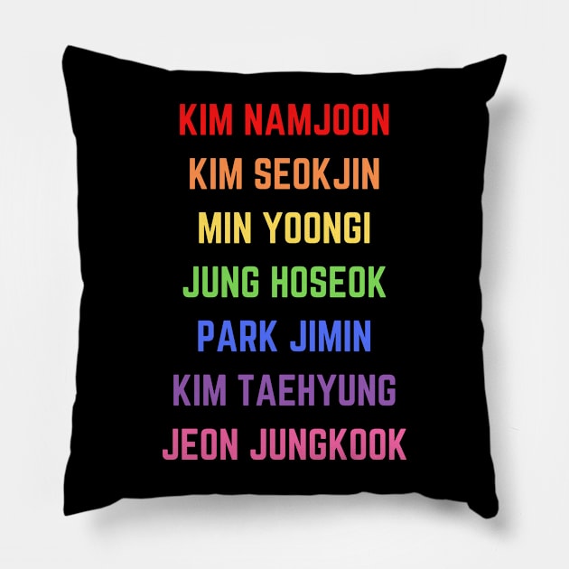 BTS (Bangtan Sonyeondan) Names - Rainbow Colors Pillow by e s p y