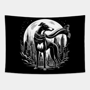 An elegant greyhound with a flowing scarf, standing against a moonlit city skyline Tapestry