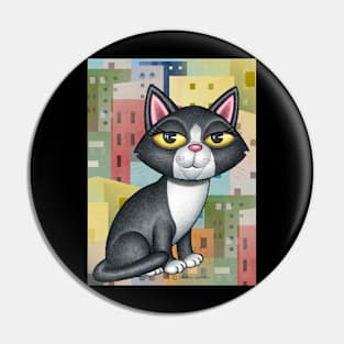 Black and white kitty cat with a cityscape with orange and yellow Pin