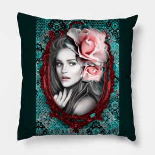 Green and Pinik roses Painting with Beautiful Girl, Vintage Art Digital Artwork Pillow