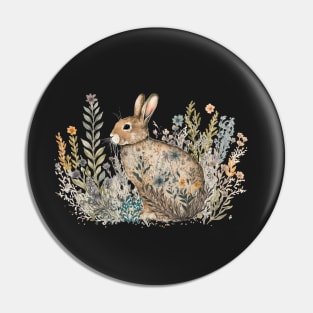 Floral Garden Botanical Print with wild flowers Easter Bunny Rabbit Pin