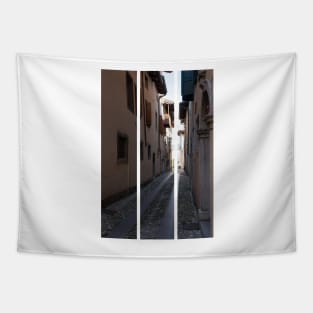 North Italy Life in the center of the lombard medieval city. Walking through narrow streets and walls. Sunny summer day. (vertical) Tapestry