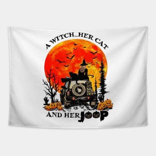 A Witch Her Cat And Her Jeep Halloween Moon Tapestry