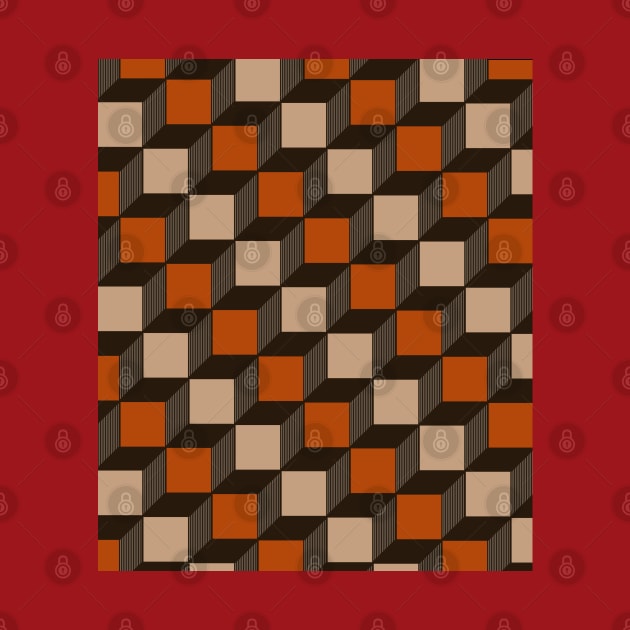 Chocolate Brown, Tan and Rust Orange, Cube, Geometric by OneThreeSix