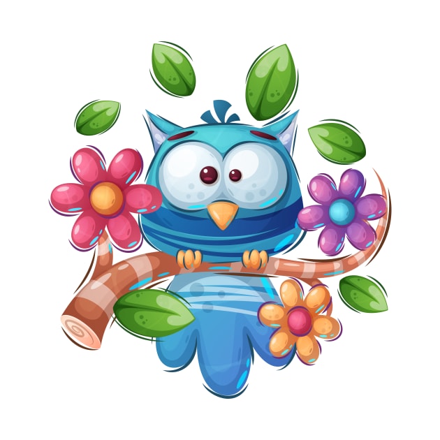 Blue Owl Bird cartoon design concept art by GiftsRepublic