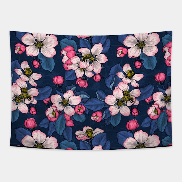 Apple blossom on dark blue Tapestry by katerinamk