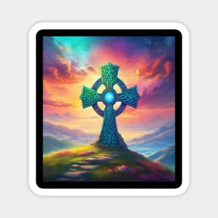 Colorful Ancient Fantasy Celtic Cross set into a grassy hill overlooking mountains. Magnet