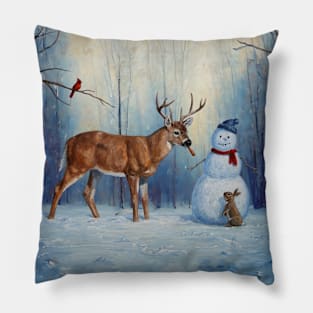 Funny Deer Eating Carrot Nose of Christmas Snowman Pillow